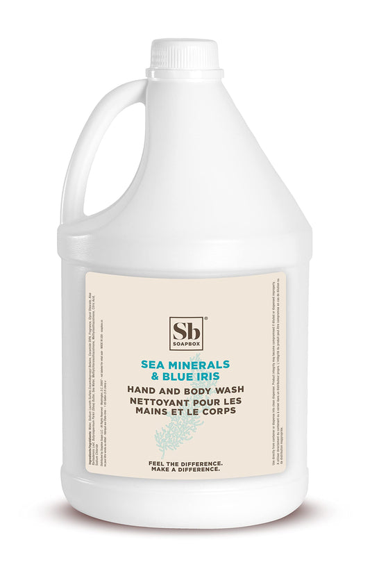 Soapbox liquid hand soap with sea minerals and blue iris in a gallon pour for easy refills.