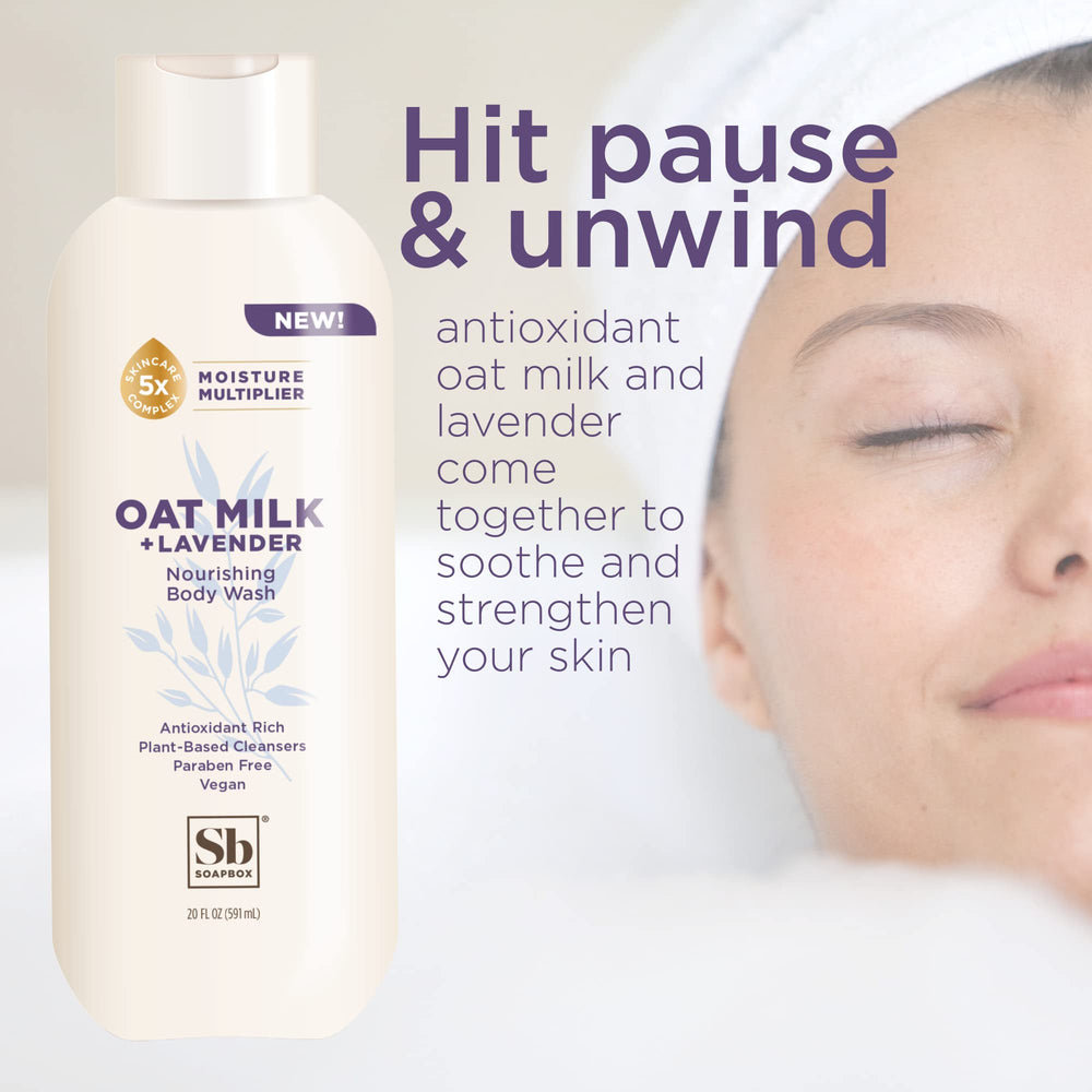 Soapbox Oat Milk Lavender label close-up featuring Shea Butter and Hyaluronic Acid
