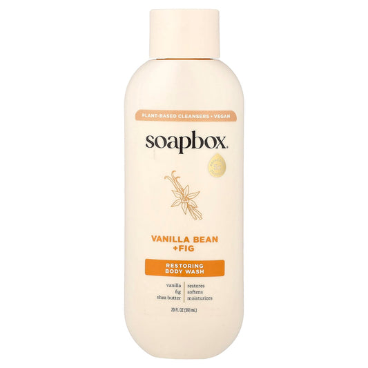 Soapbox Restoring Body Wash bottle front with vanilla bean and fig aroma for moisturizing cleanse.