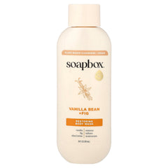 Soapbox Restoring Body Wash bottle front with vanilla bean and fig aroma for moisturizing cleanse.