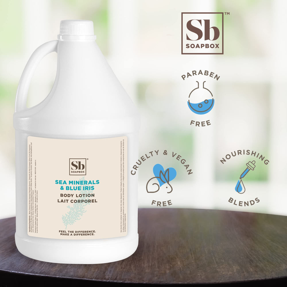 Soapbox Sea Minerals Blue Iris lotion on bathroom shelf in a bright setting
