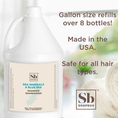 Soapbox Sea Minerals & Blue Iris shampoo label highlights vegan, silicone-free formula for color-safe care