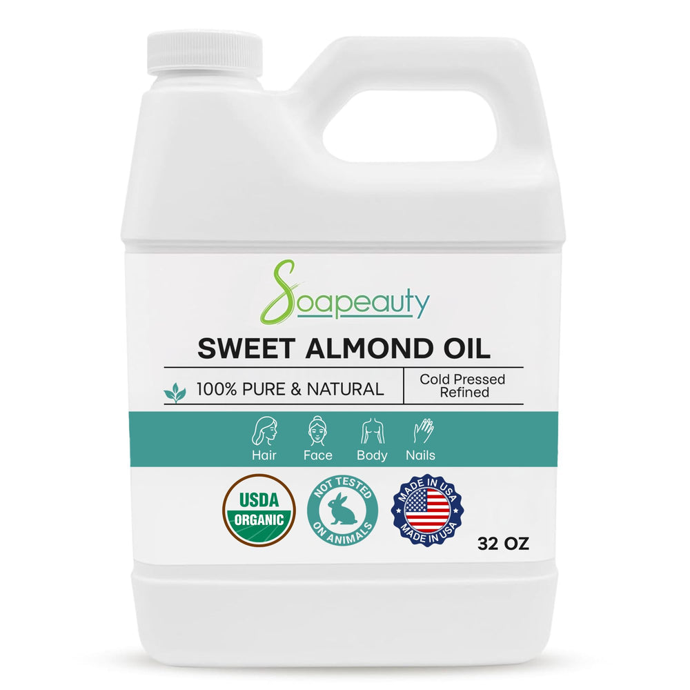 Soapeauty Sweet Almond Oil bottle on counter for everyday skin care.
