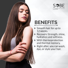 SOBE LUXE smoothing application demonstrates frizz control for sleek, manageable hair.