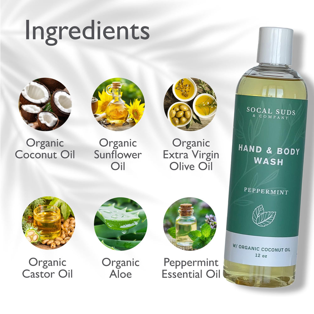 SoCal Suds & Company Organic Body Wash being poured from the 12oz bottle
