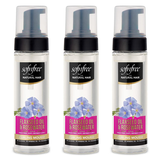 SOF N' FREE Curling Mousse bottle showing flaxseed for defined curls