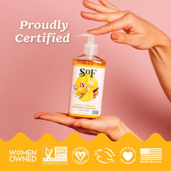 SoF vegan and non-GMO formula highlighting phthalate-, sulfate-, parabens-free promise.