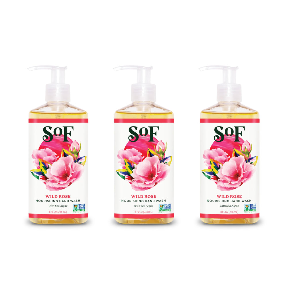 SoF Nourishing Hand Wash Wild Rose bottle pour shows smooth lather and refreshed hands