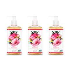 SoF Nourishing Hand Wash Wild Rose bottle pour shows smooth lather and refreshed hands