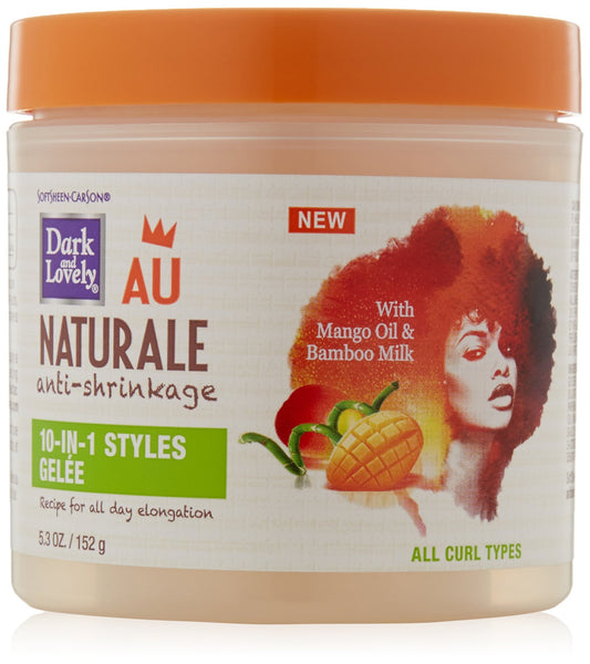 SoftSheen Dark and Lovely Gele jar offering 10-in-1 styles for long-lasting definition.
