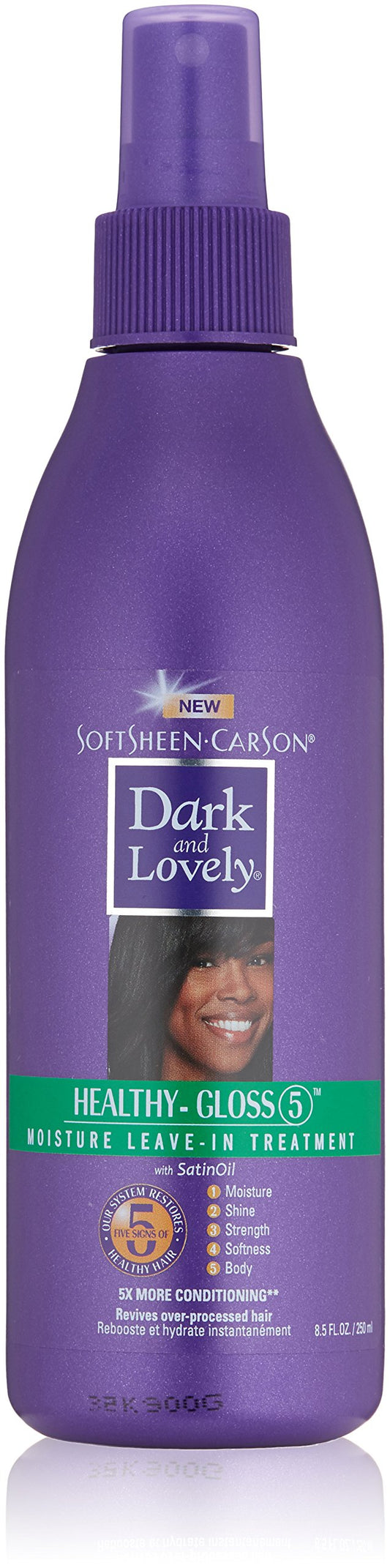 SoftSheen Dark and Lovely leave-in bottle close-up for smooth, manageable hair.