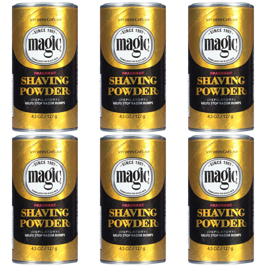 SoftSheen Magic Razorless Shaving Powder bottle demonstrates easy facial hair removal.