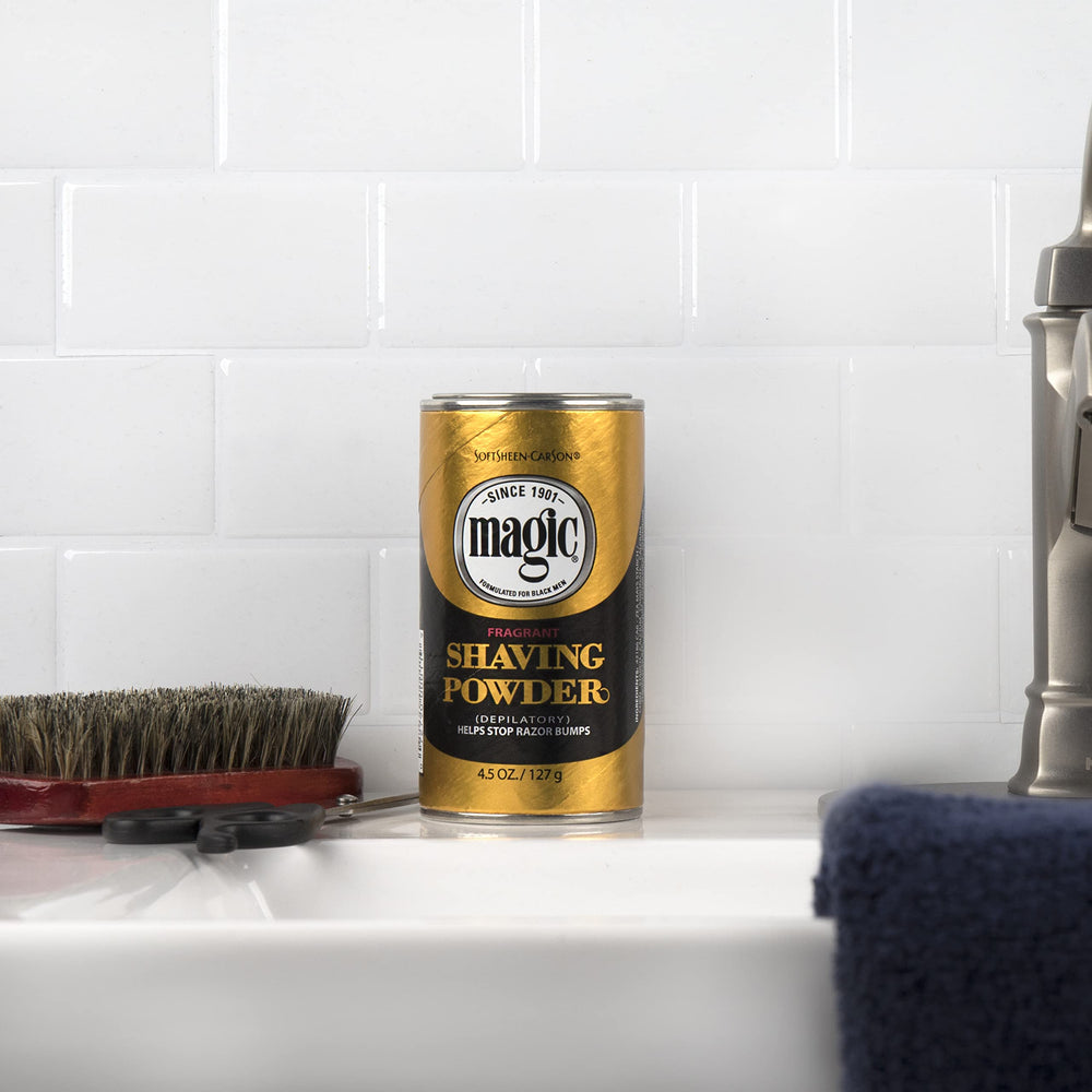 SoftSheen Magic Razorless Shaving Powder texture close-up shows smooth consistency.