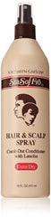 SoftSheen Sta-Sof-Fro bottle closeup showing spray-ready packaging for dry hair care.