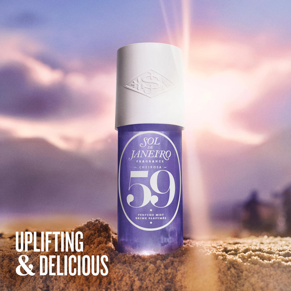 Sol de Janeiro Cheirosa 59 bottle close-up focusing on sugared violet note