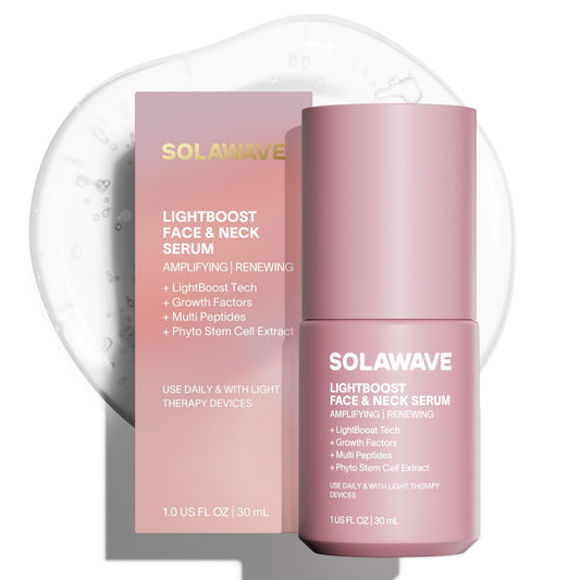 Solawave LightBoost serum bottle highlighting hydration and radiance for daily use