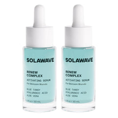 Solawave Renew Complex serum bottle ready for at-home facial sessions, hydrating skin.