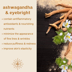 Solluna eye cream ingredients chart spotlighting Ashwagandha and Calendula.
