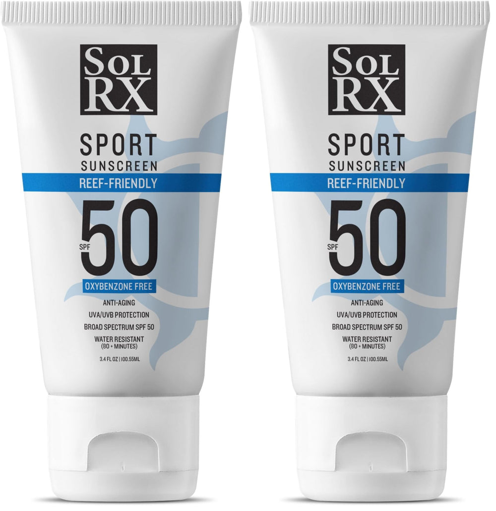 SolRX SPORT SPF50 sunscreen bottle front view for all-day sun protection during activity