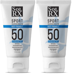 SolRX SPORT SPF50 sunscreen bottle front view for all-day sun protection during activity