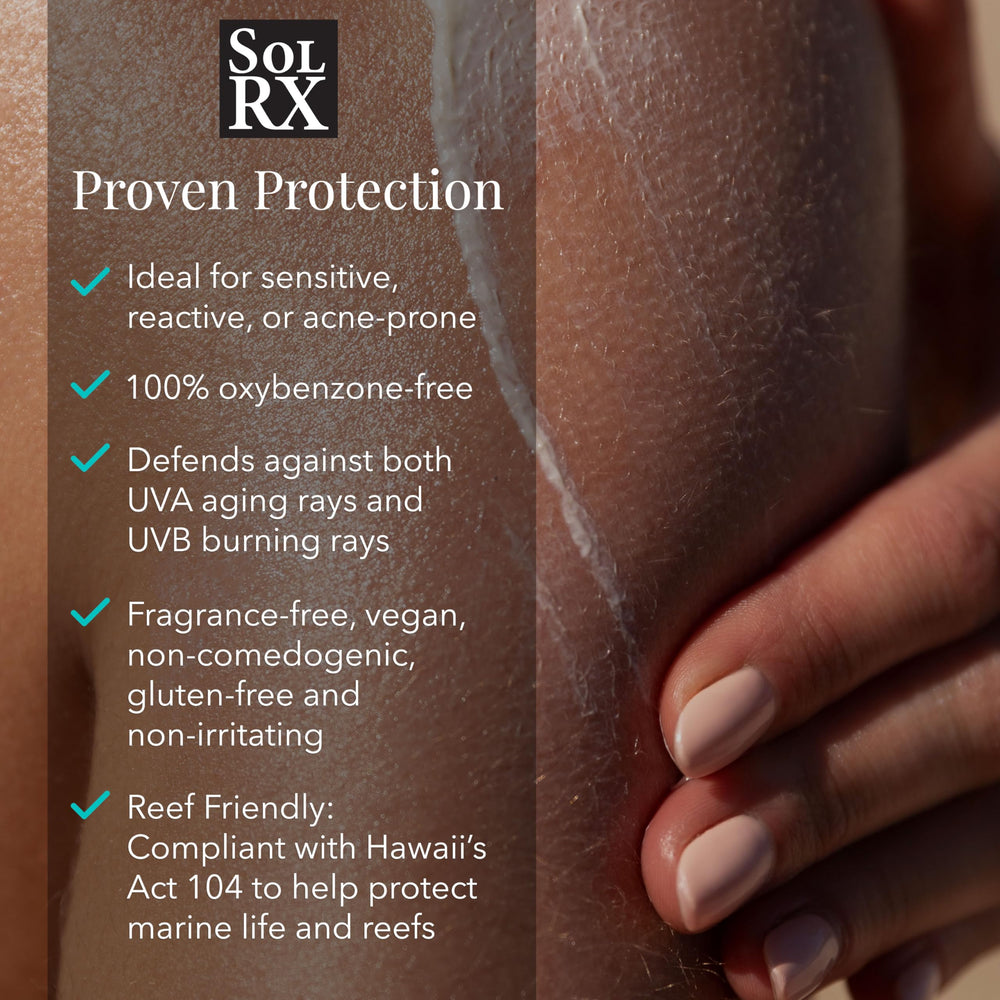 SolRX SPF 50 spray shown as reef-friendly and oxybenzone-free for marine-safe use.
