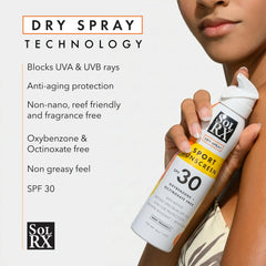 SolRX Sport Sunscreen SPF 30 dry spray application goes on smoothly.
