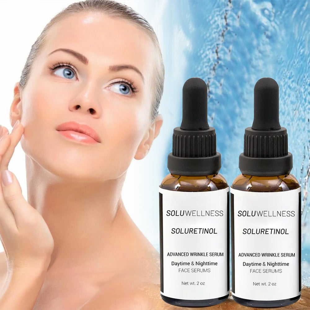 SOLUWELLNESS packaging display emphasizes the all-in-one skincare system.