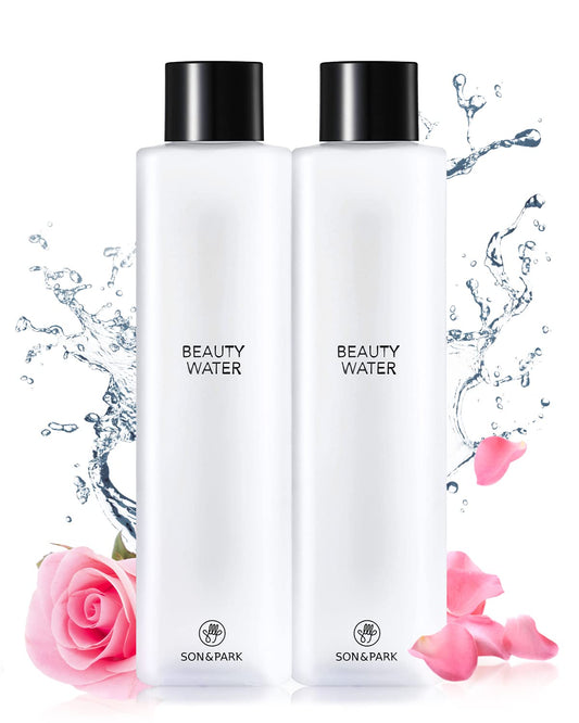 SON&PARK Beauty Water bottle shows rose-infused toner for gentle cleansing.