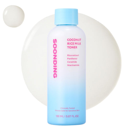 SOONDING Coconut Rice Milk Toner bottle showing fragrance-free calming hydration for the skin.