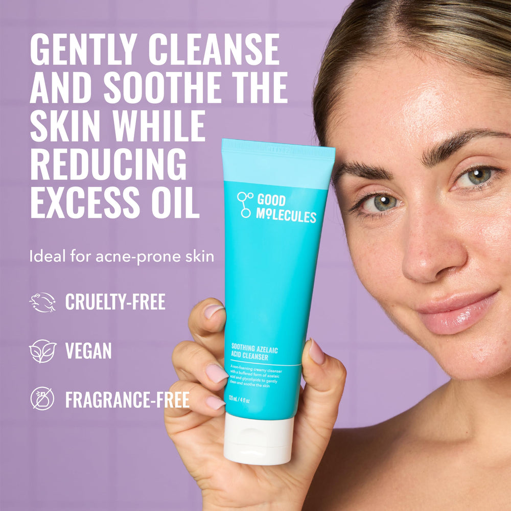 Soothing Azelaic Cleanser creamy texture close-up suggests a gentle, non-irritating cleanse.