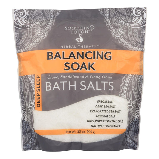 Soothing Touch Balancing Bath Salts bottle pour showing mineral blend for relaxation.