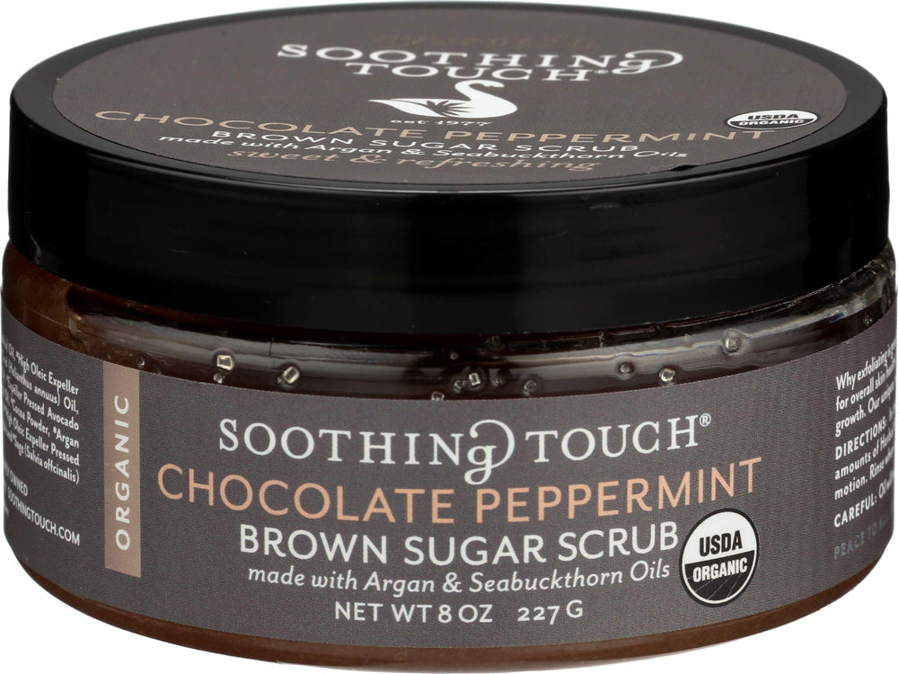 Soothing Touch brown sugar scrub jar showcasing chocolate peppermint aroma for silky skin.
