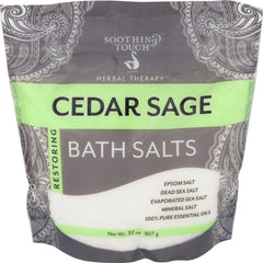 Soothing Touch Cedar Sage bath salts pouch front promotes relaxation with mineral-rich formula.