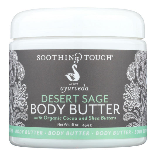 Soothing Touch Desert Sage Body Butter jar reveals creamy, fast-absorbing moisture for daily skin comfort.