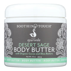 Soothing Touch Desert Sage Body Butter jar reveals creamy, fast-absorbing moisture for daily skin comfort.