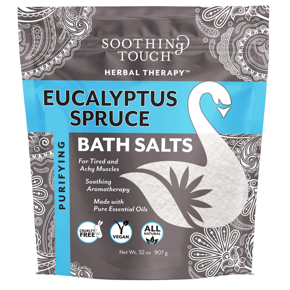Soothing Touch Eucalyptus Spruce bath salts pouch for cooling relief and purifying skin.