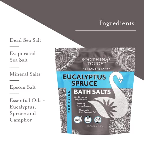 Soothing Touch Eucalyptus Spruce bath salts pouch with essential oils for a spa-like refresh.