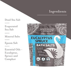 Soothing Touch Eucalyptus Spruce bath salts pouch with essential oils for a spa-like refresh.
