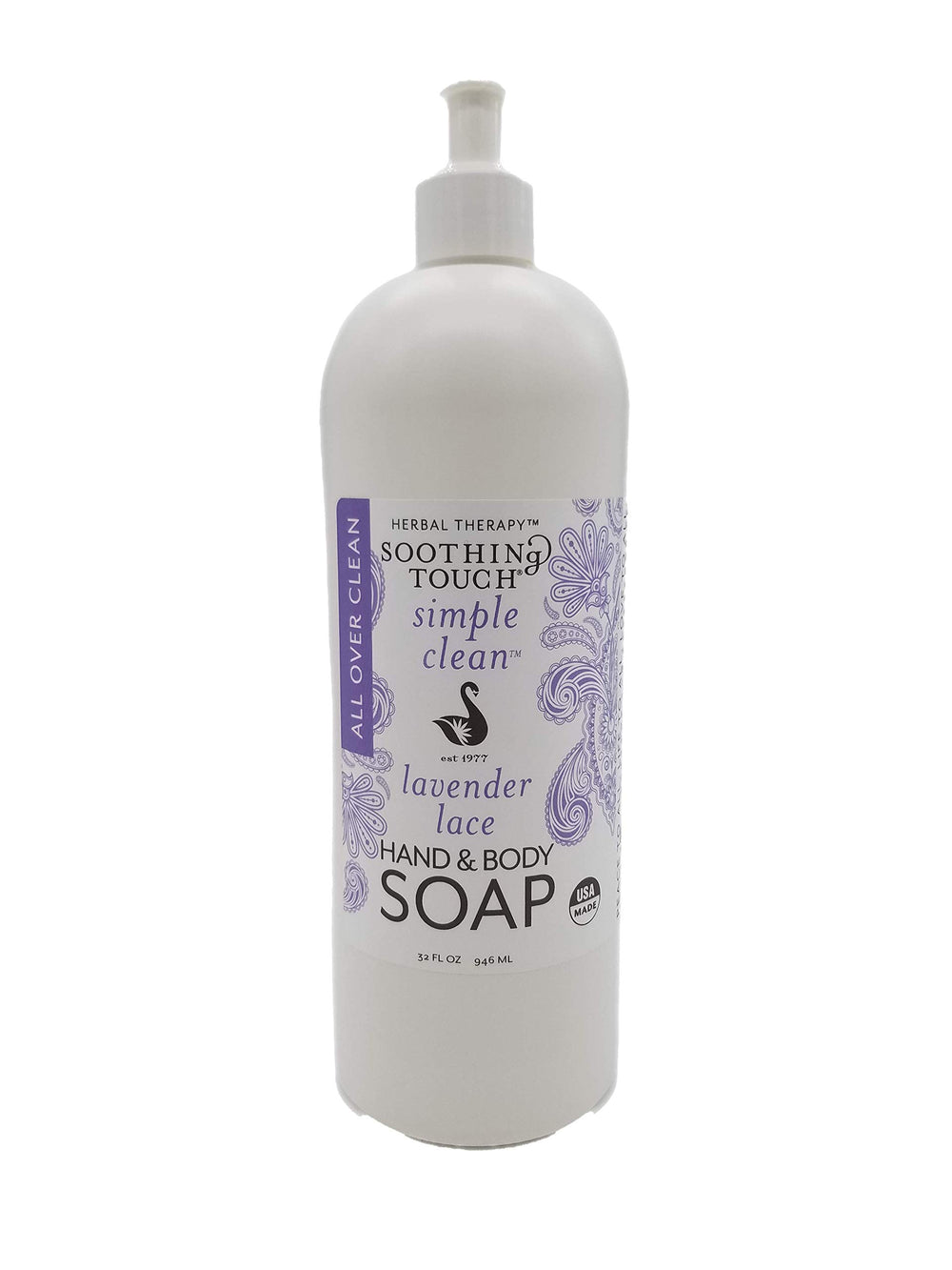 Soothing Touch Lavender Lace bottle pour, a calming cleanser for hands and body.