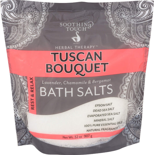 Soothing Touch Rest & Relax Tuscan Bouquet bath salts bottle pour for a calming bath