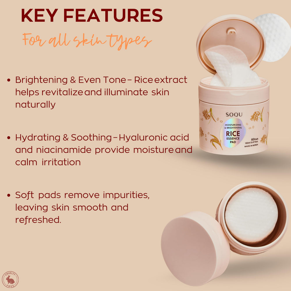 Applying SOQU Rice Essence Pad to the cheek for a refreshed, hydrated look