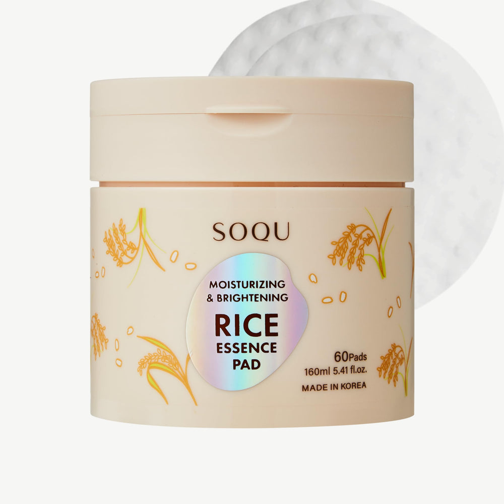 SOQU Rice Essence Pad pack front signals brightening and hydration benefits