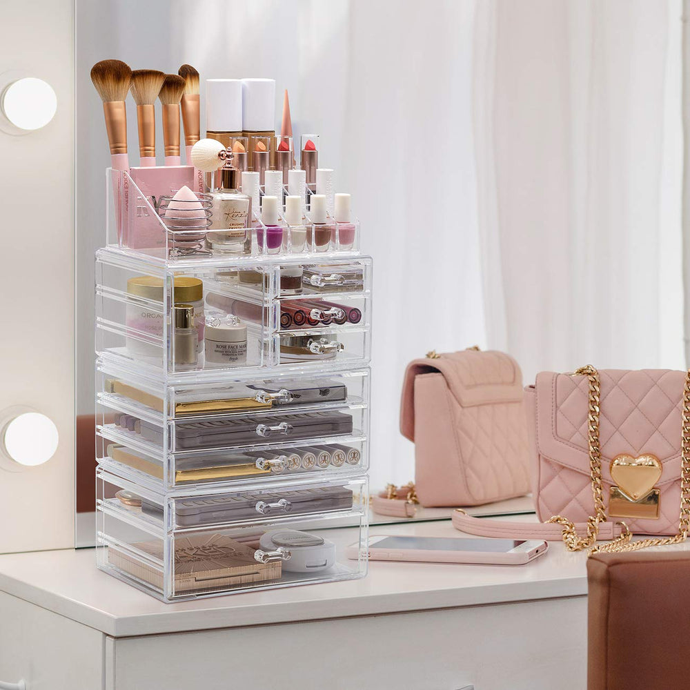 Sorbus large clear makeup organizer bottom column with two drawers for bulkier items.