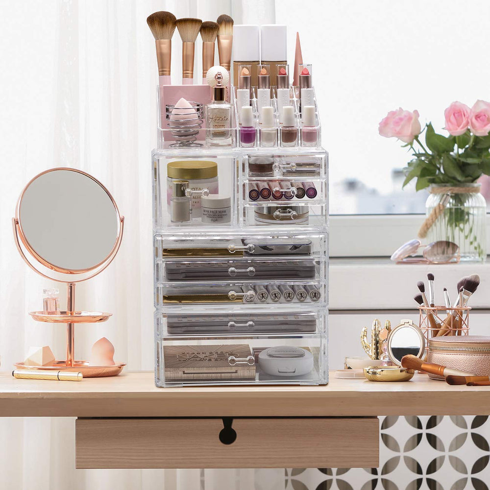Sorbus large clear makeup organizer drawer close-up showing smooth slides.