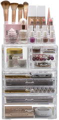 Sorbus large clear makeup organizer stores grooming tools and jewelry.
