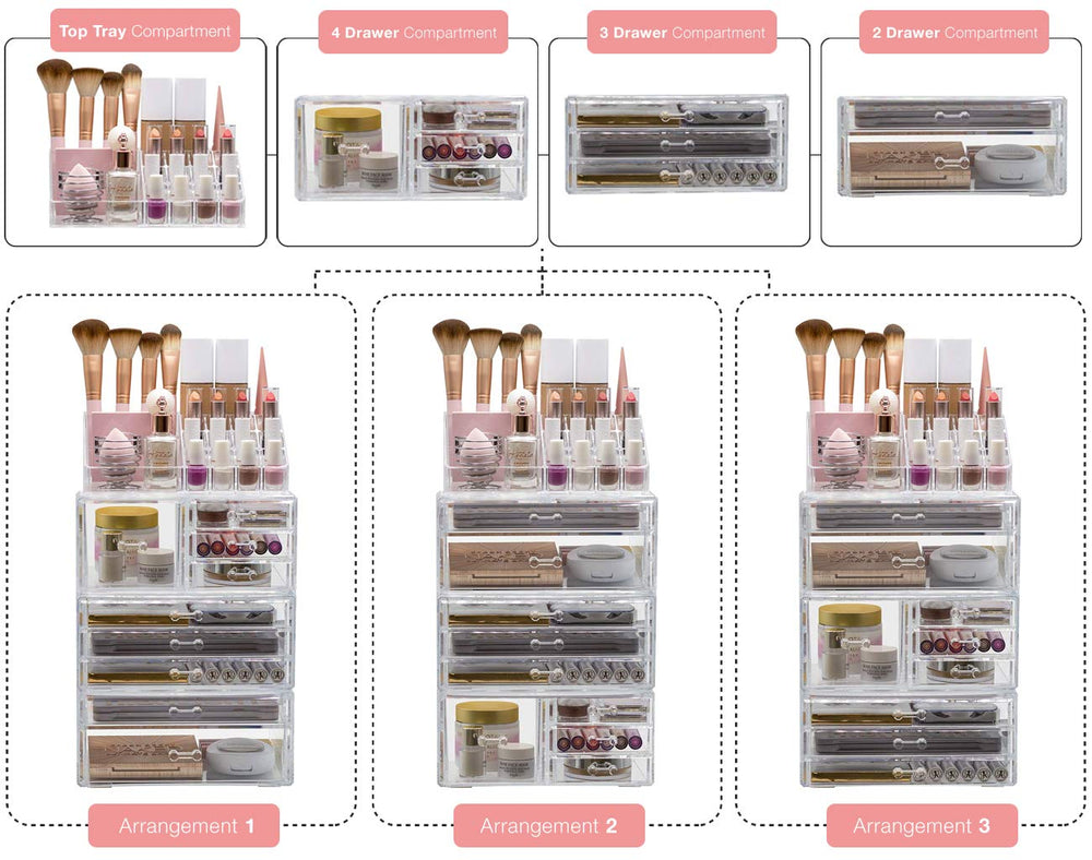 Sorbus large clear makeup organizer vanity display on a counter.