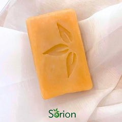 Sorion soap close-up shows natural texture and plant-based formula.