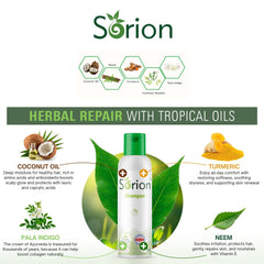 Sorion tropical-plant-formulation highlights natural ingredients like coconut and herbal oils.