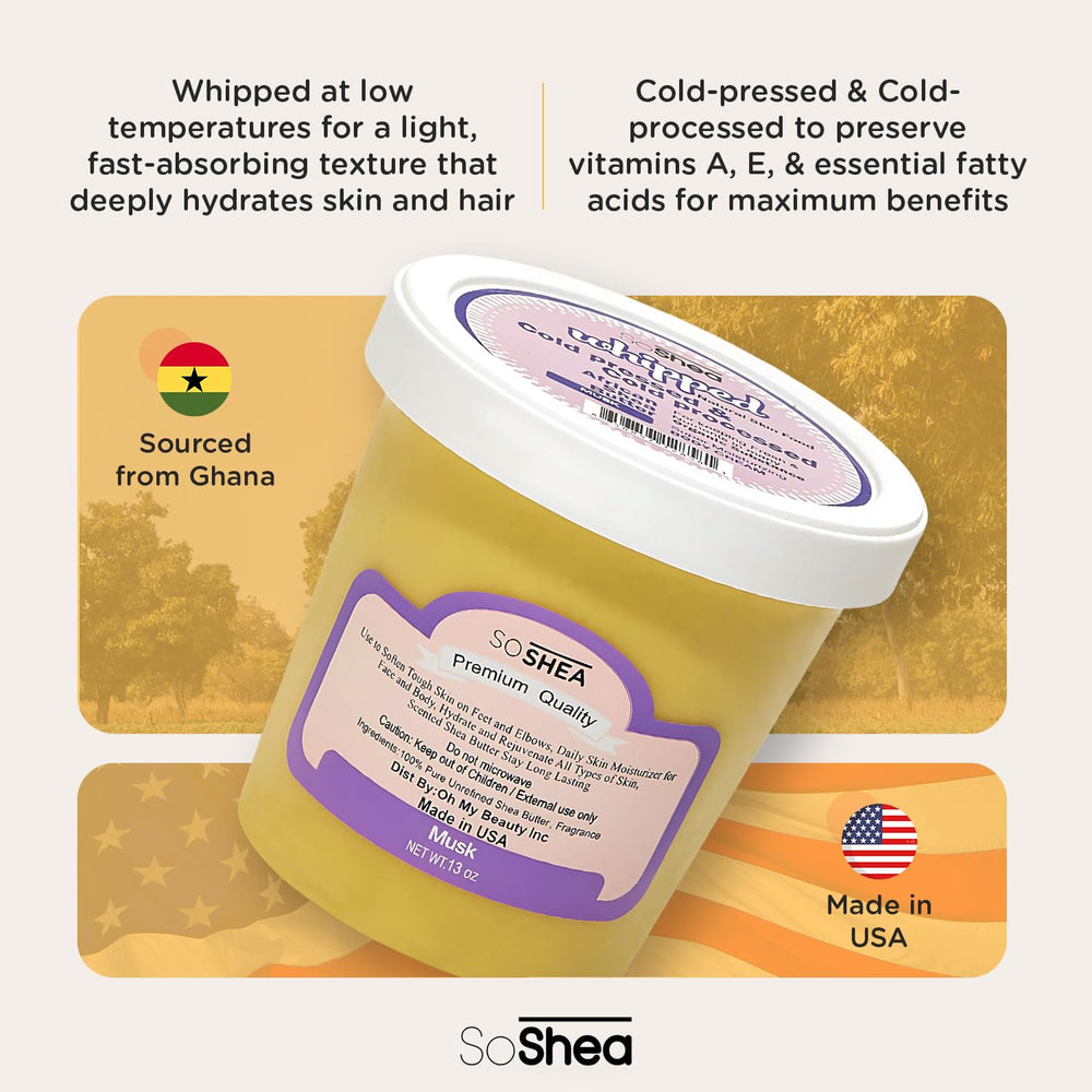 SoShea Ghana-sourced shea butter highlights premium natural ingredients.