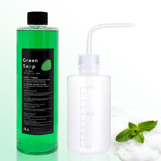 Sotica Green Soap Tattoo bottle pour promotes easy, precise cleaning during sessions.